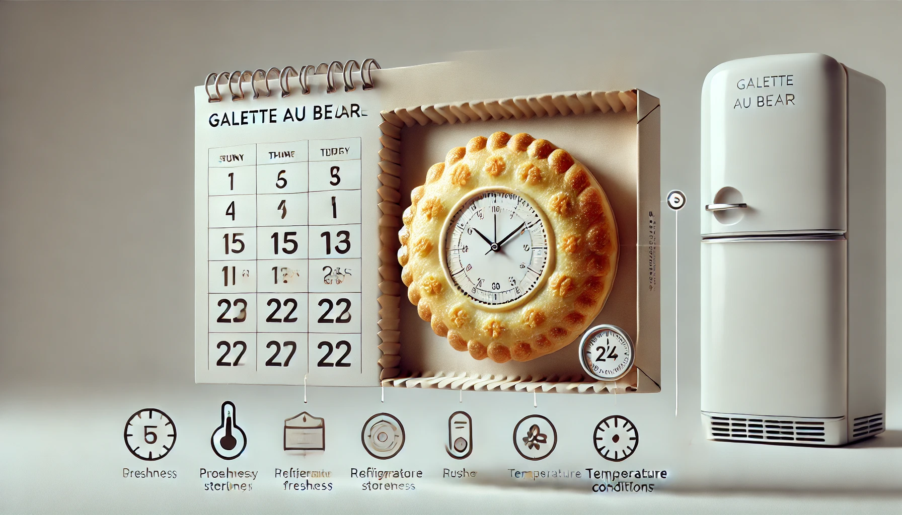 A clean and modern visual representation illustrating the ideal storage period to enjoy Galette au Beurre at its best. The image features a beautifully packaged Galette au Beurre next to a calendar with marked dates and a clock icon indicating freshness. Subtle icons like a refrigerator and temperature gauge emphasize proper storage conditions. The background is sleek and neutral, focusing on maintaining freshness and quality.