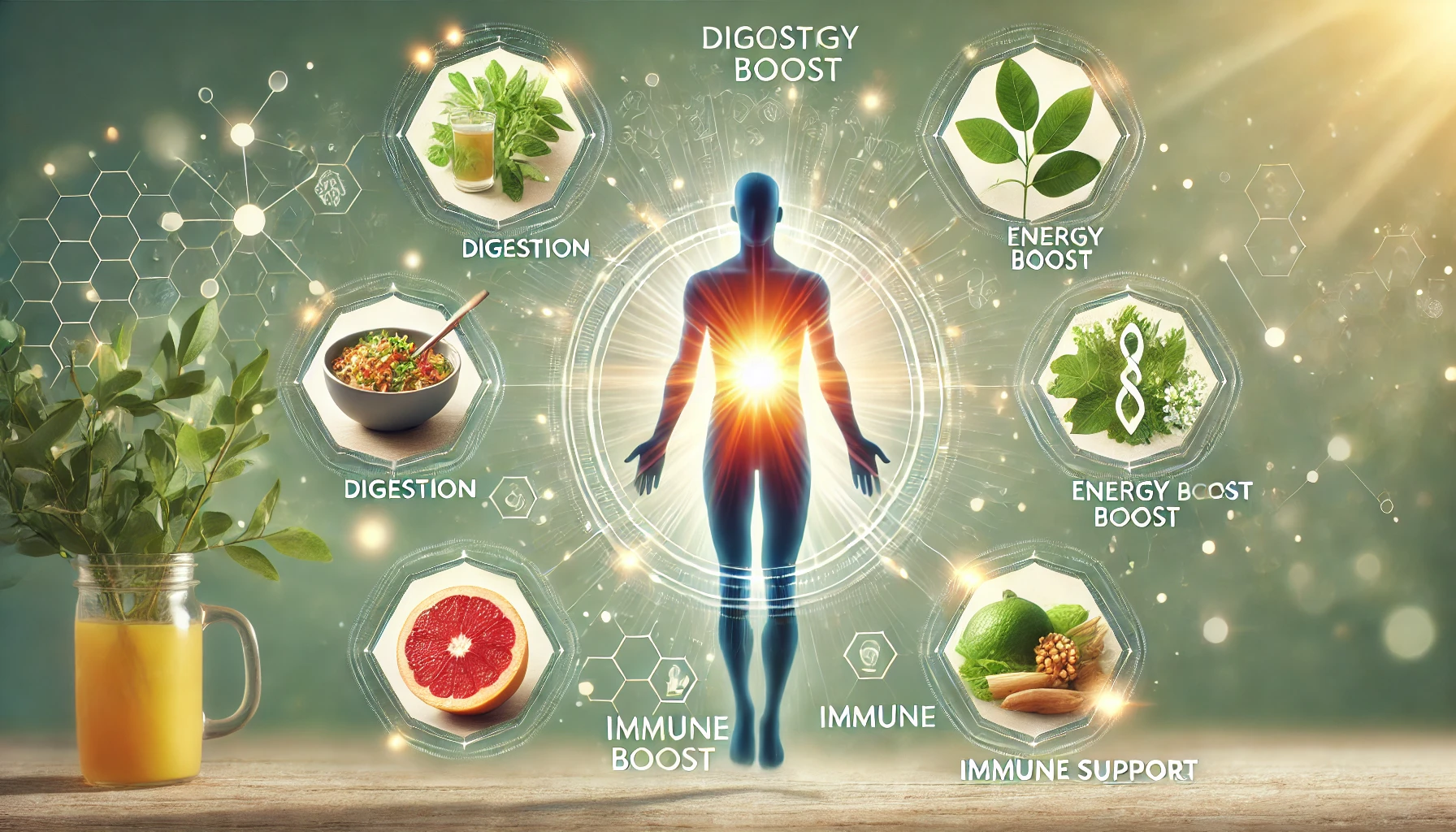 A visually appealing representation of the health benefits of a product. The image features a balanced diet with nutritious food, a glowing human silhouette symbolizing vitality, and icons representing digestion, energy boost, and immune support. The background has a soft, natural aesthetic, emphasizing well-being and positive health effects.