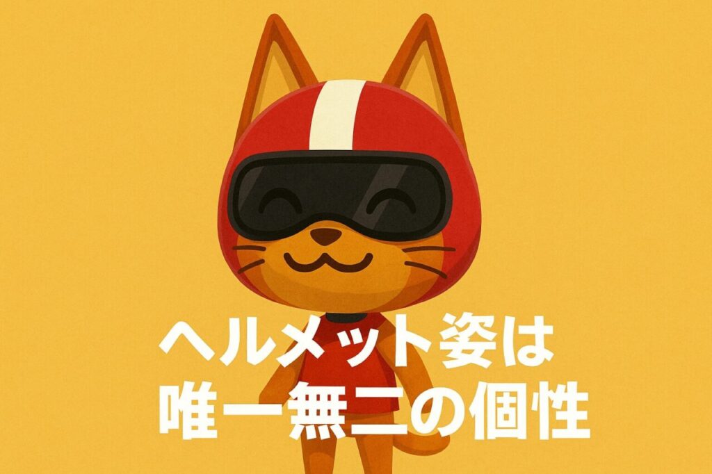 ヘルメット姿は唯一無二の個性