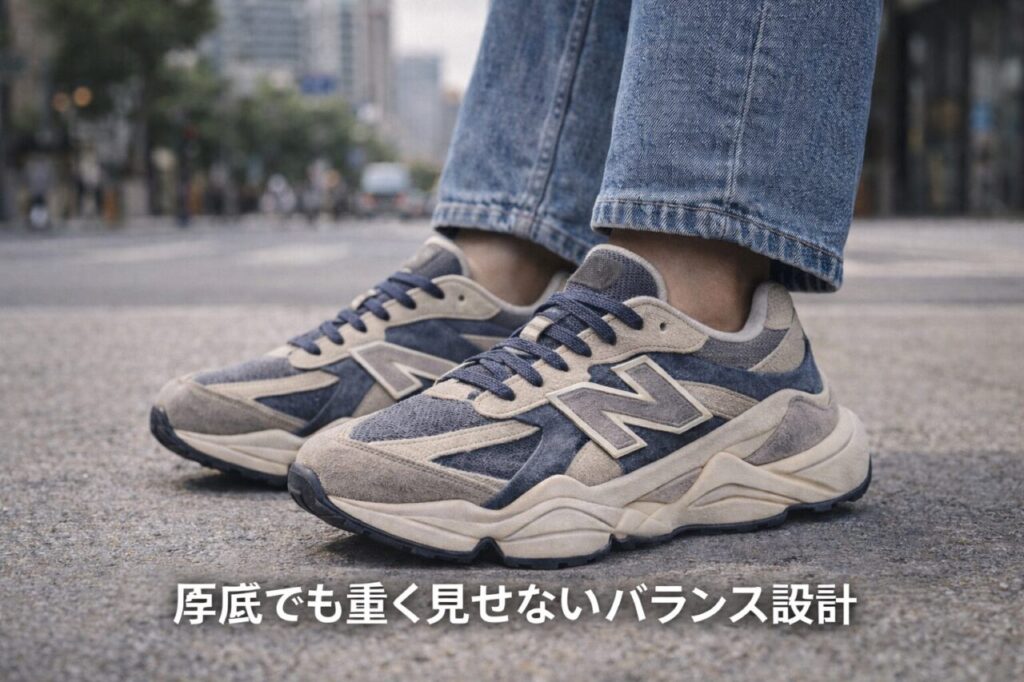 厚底でも重く見せないバランス設計