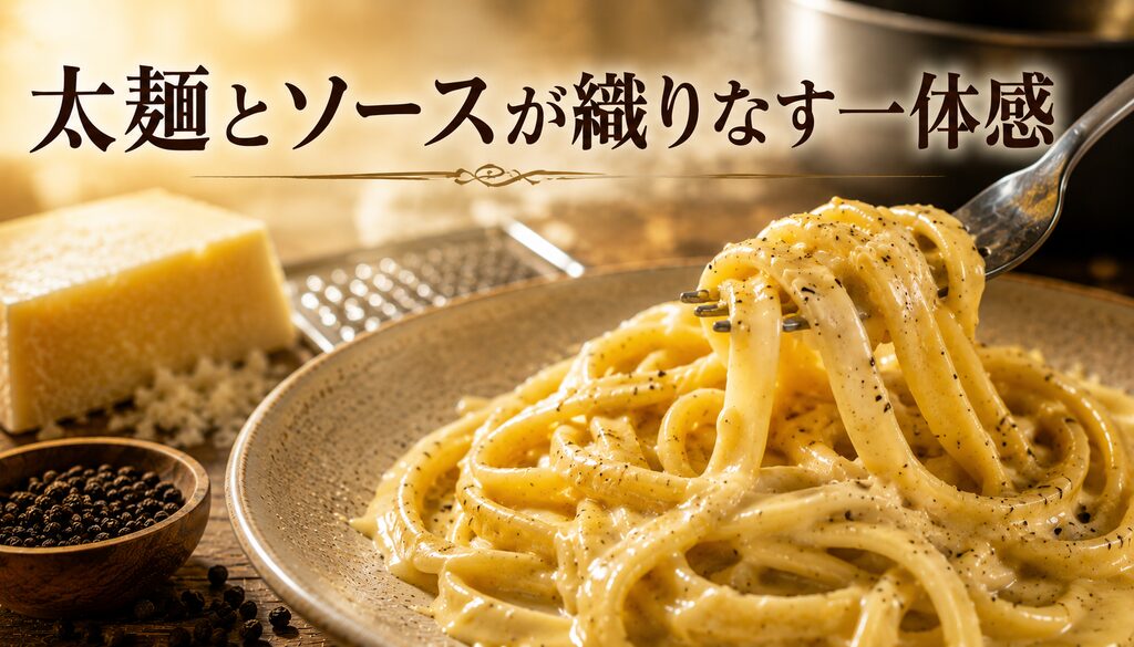 太麺とソースが織りなす一体感